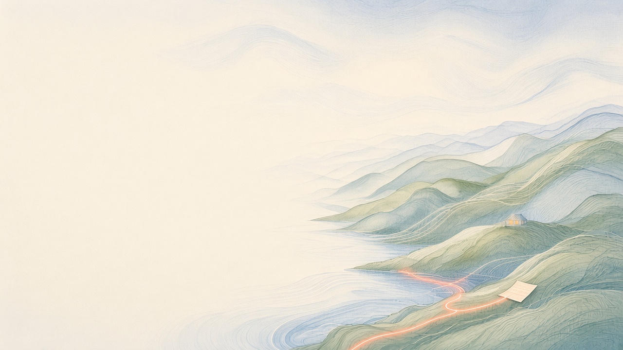 A small paper note by a river, with a line of light running toward two lit houses