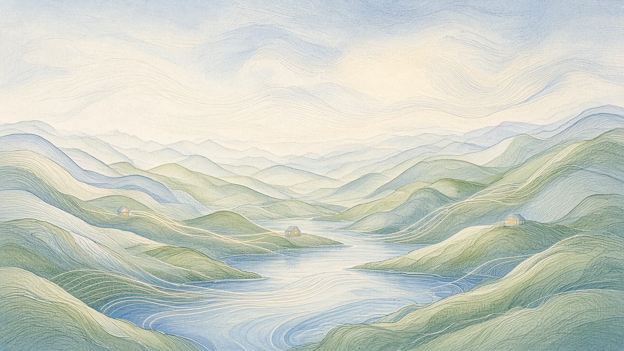 Lines of light flowing between small lit homes in a pale valley